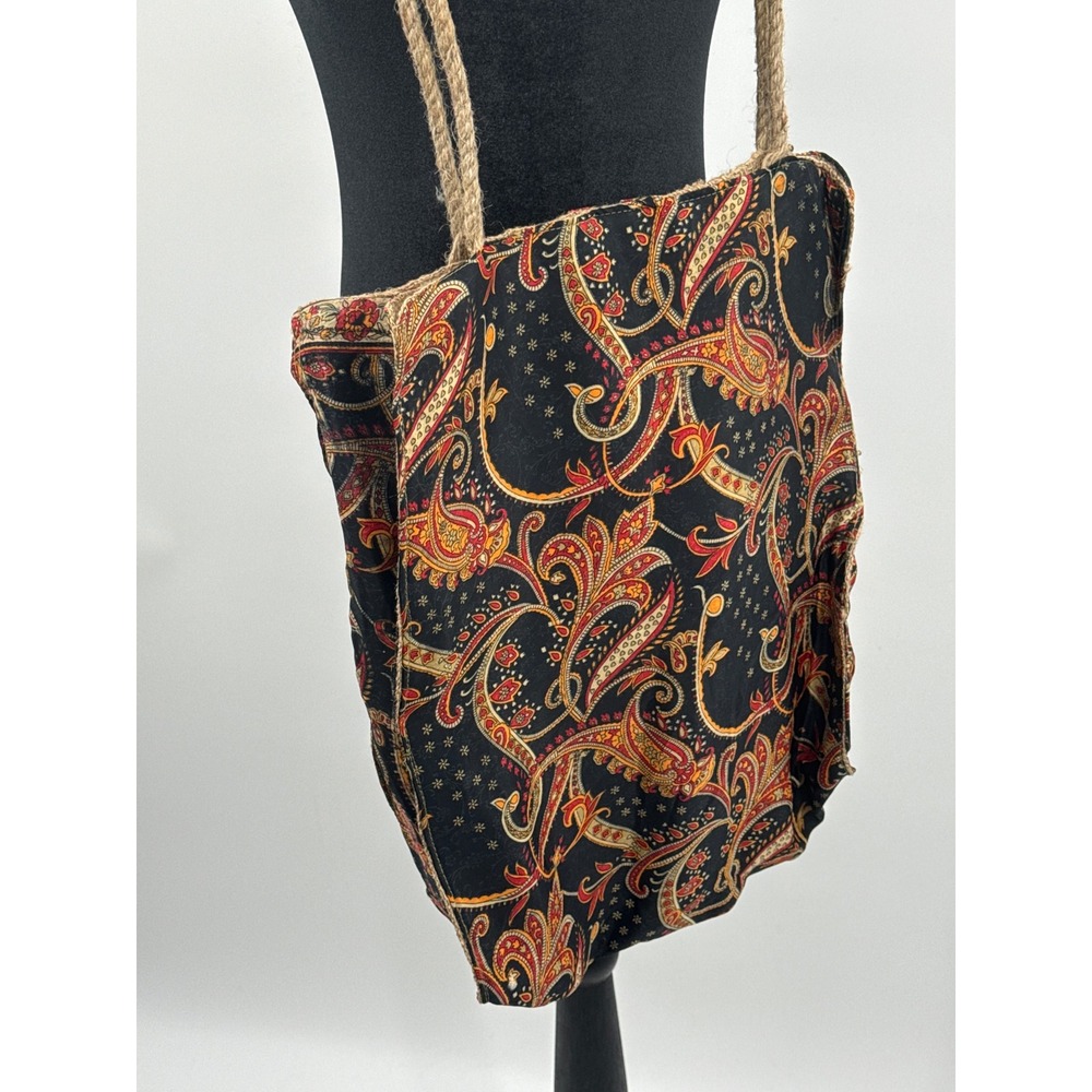 Karma Highway Paisley Tote Bag Red Black Viscose Jute Lining Rope Straps Boho - Picture 2 of 5